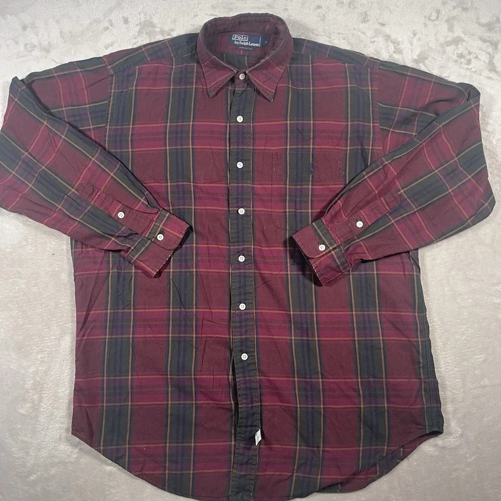 Polo Ralph Lauren Vintage ButtonDown Men's L Tartan Plaid‎ Cotton Burgundy